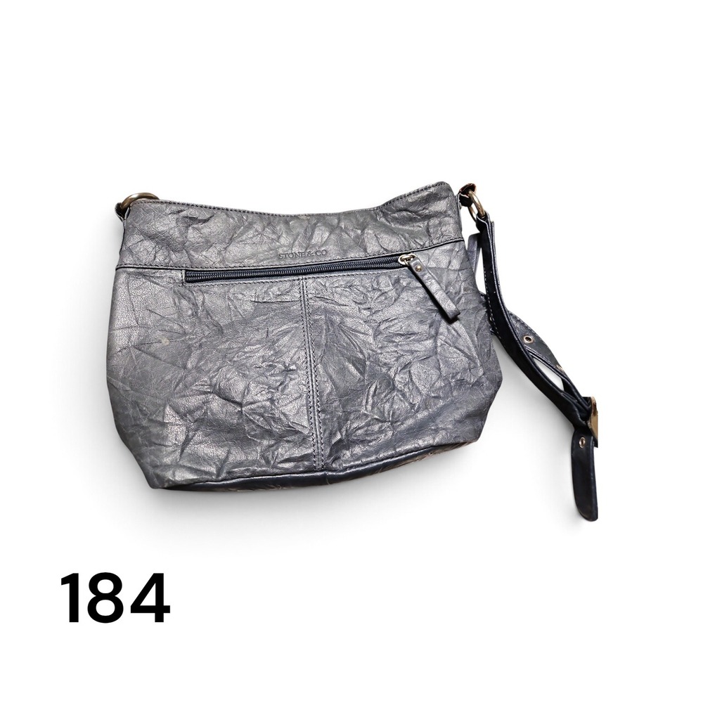 Stone & Co Metallic Pewter Gray Crinkle Faux Leather Crossbody Organizer Bag